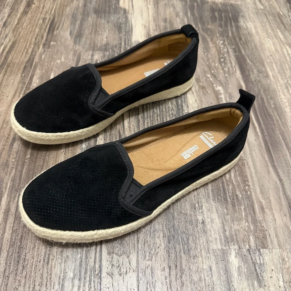 Clarks Women's Black Suede Soft Cushion Espadrille Slip-On Loafers Size 6.5W